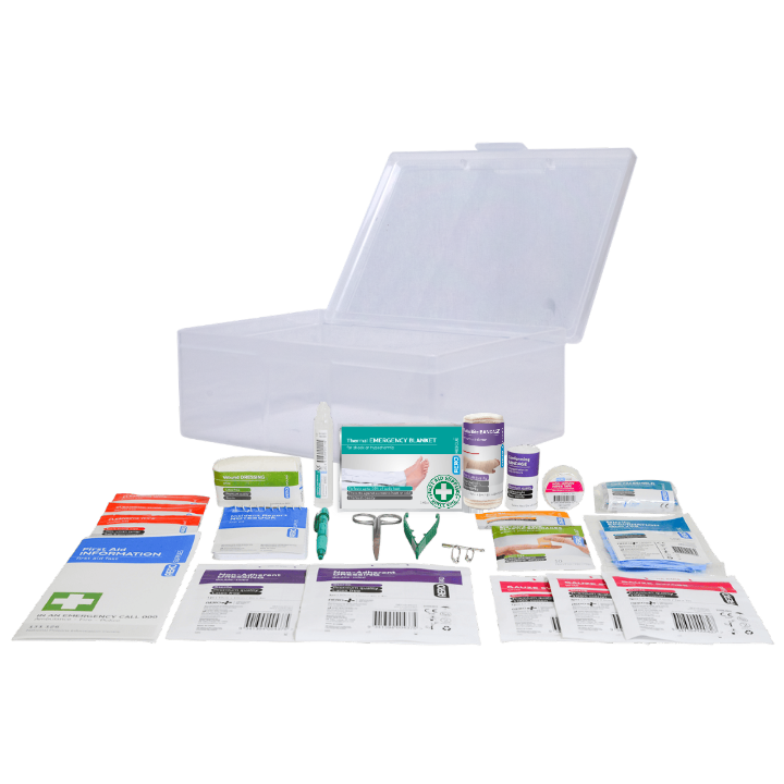 Caravan First Aid Kit, 31 piece travel kit in a clear clip-lock hard plastic case