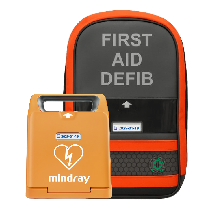Fully stocked trauma backpack holding 162 pieces paired with a MINDRAY C1A fully-automatic defibrillator
