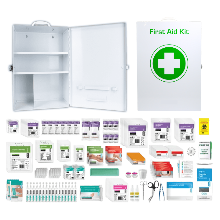 Tough Food & Beverage First Aid Kit in a wall mountable, key lockable Tough Metal cabinet