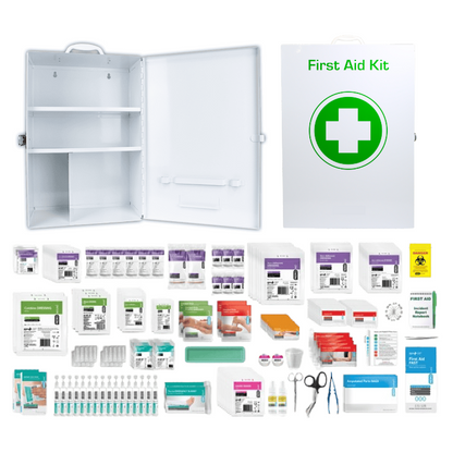 Tough Food & Beverage First Aid Kit in a wall mountable, key lockable Tough Metal cabinet