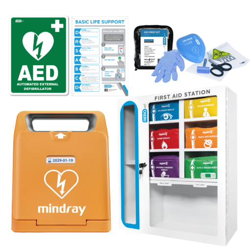 AED defibrillator kit with first aid cabinet, prep kit, gloves, scissors, and emergency guide