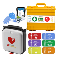 Comprehensive first aid kit, AED defibrillator, and medical supply pouches organized for emergencies