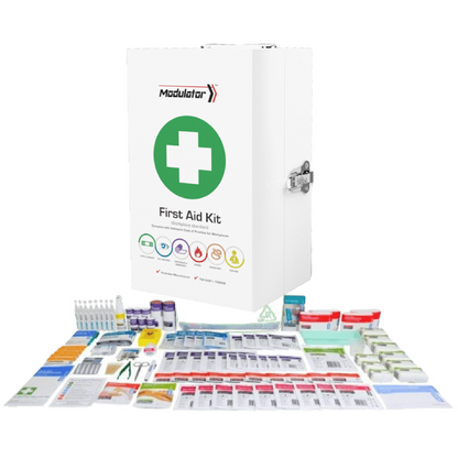 MODULATOR Metal First Aid Cabinet with six colour coded, injury specific softpack modules