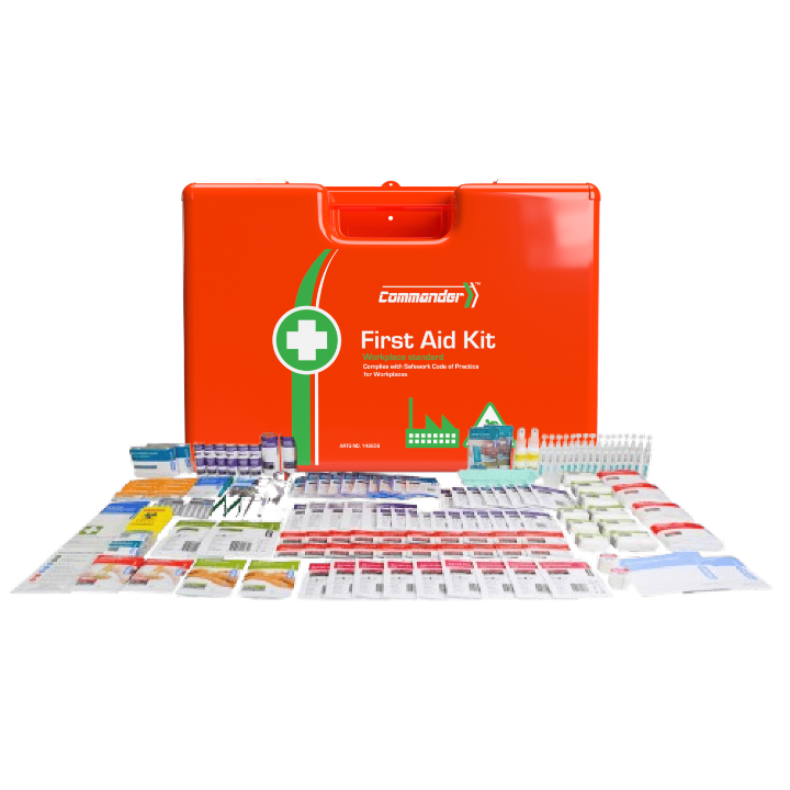 COMMANDER Rugged First Aid Kit by Aero Healthcare holding over 35 line items of clinical first aid supplies