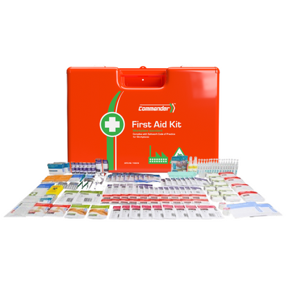 COMMANDER Rugged First Aid Kit by Aero Healthcare holding over 35 line items of clinical first aid supplies