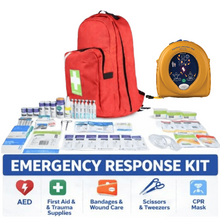 Emergency response kit pairing a HeartSine 500P semi-automatic defibrillator with a fully stocked first aid kit