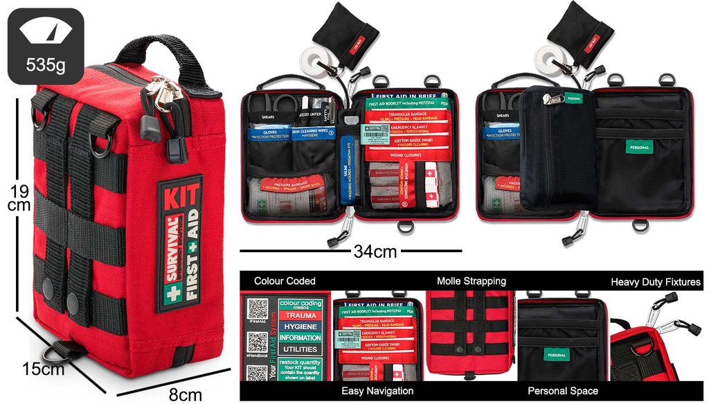 SURVIVAL Handy kit 19 cm high, 15 x 8 cm closed and 34 cm open, weighing 535 g