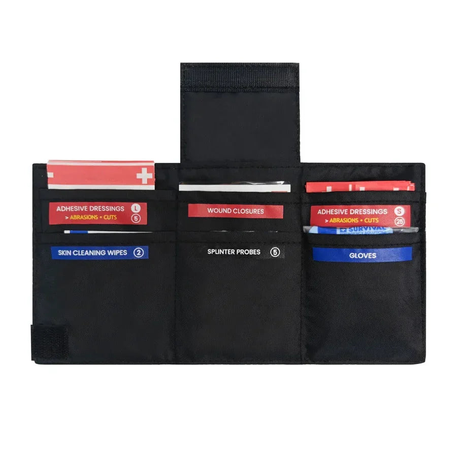 Water resistant first aid wallet with labelled internal pockets and a wipe clean surface, available in seven colours