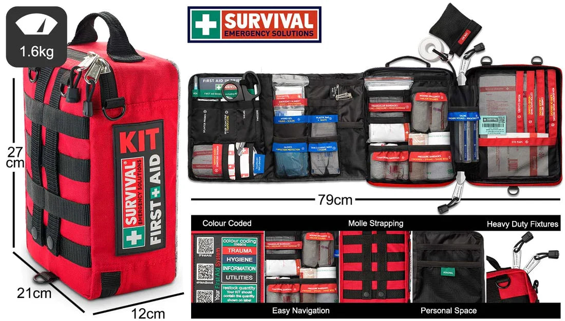 Water-resistant durable kit bags with colour-coded labelling for home and vehicle use